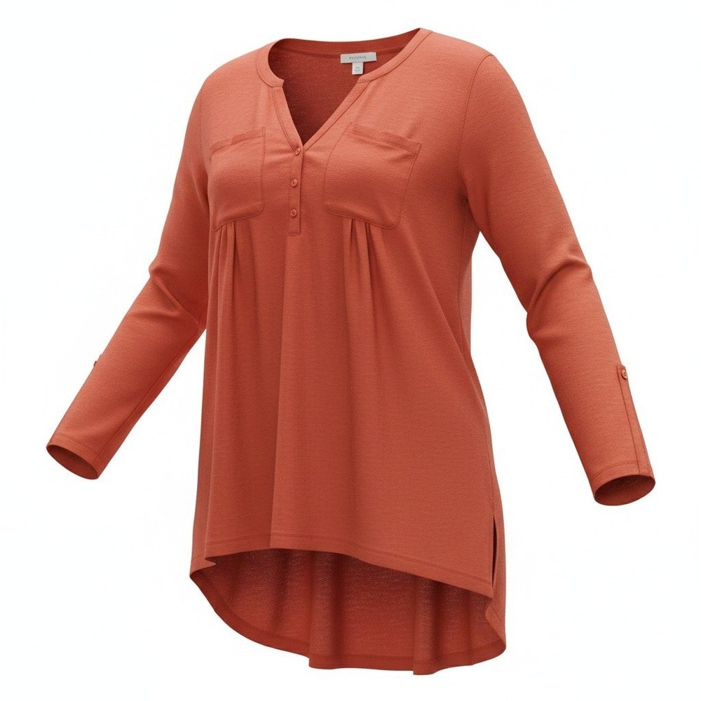 Merona‎ Womens XXL Orange Red High Low Tunic Roll Tab Long Sleeve Blouse Top